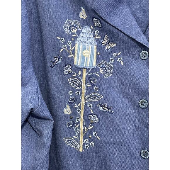 Vintage Bonworth Shacket XXL Blue Embroidered Birdhouse Floral Boho 3/4 Sleeves - Picture 3 of 7